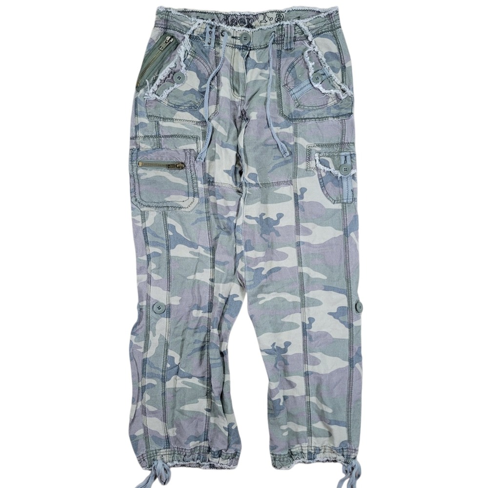 Vintage Y2K Cargo Pants Womens S Green Camo Low Rise Distressed Raw Hem Grunge